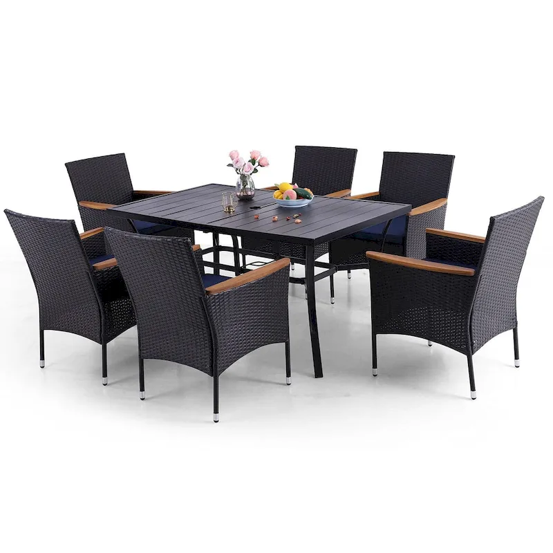 7 Pieces PE Rattan Patio Dining Sets, Modern Wicker Conversation Armhairs with Cushions and 2.6 Umbrella Hole