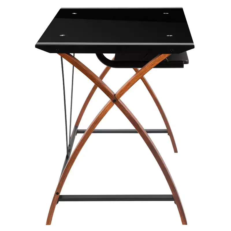 Emma and Oliver Glass Computer Desk-Pull-Out Keyboard Tray & Crisscross Frame