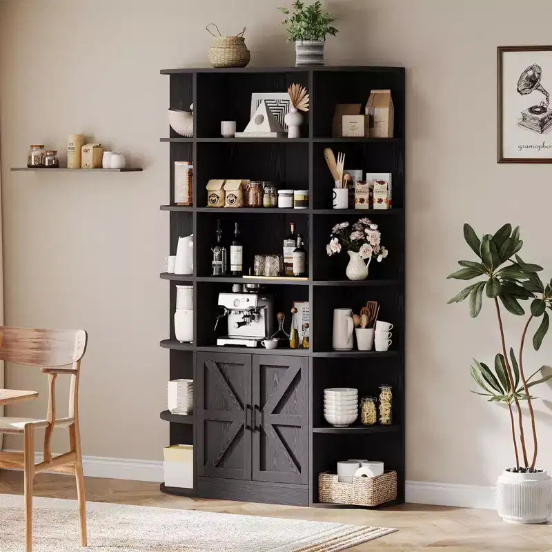 6-Tier Bookshelf with Storage Cabinet and Open Shelves, 75 Tall Modern Farmhouse Standing Bookcase, 47 Wide Display Shelf Organizer