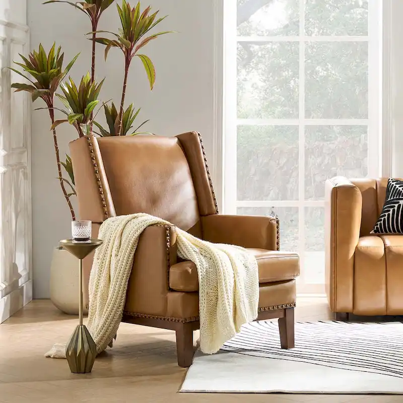 Lourdes Genuine Leather Armchair with Solid Wood Frame and Removable Seat Cushion by HULALA HOME