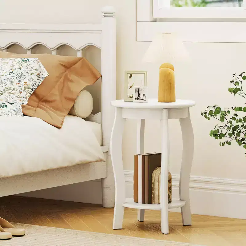 2-Tier Round End Table Narrow Sofa Side Nightstand w/ Storage Shelf & Wood Legs