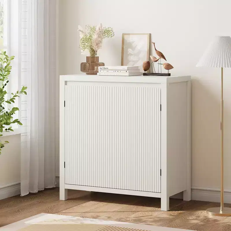 Rattan Storage Cabinet, Wooden Sideboard Buffet Cabinet with Doors and Shelves, Small Console Cabinet with Storage for Entryway, Beige