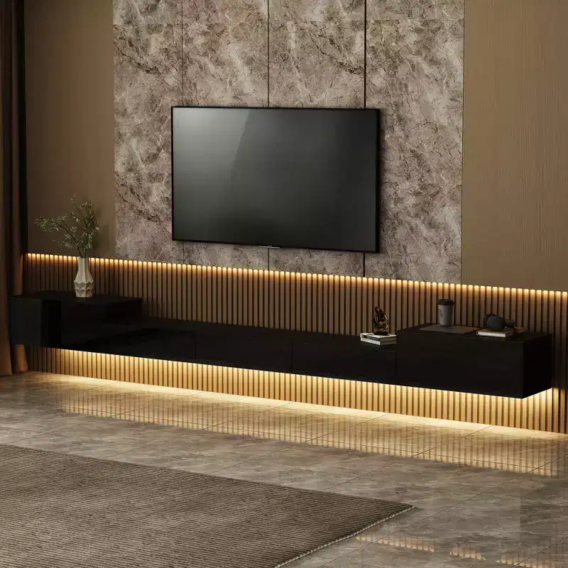 Famapy Black Wall Mounted Entertainment Center With LED Light