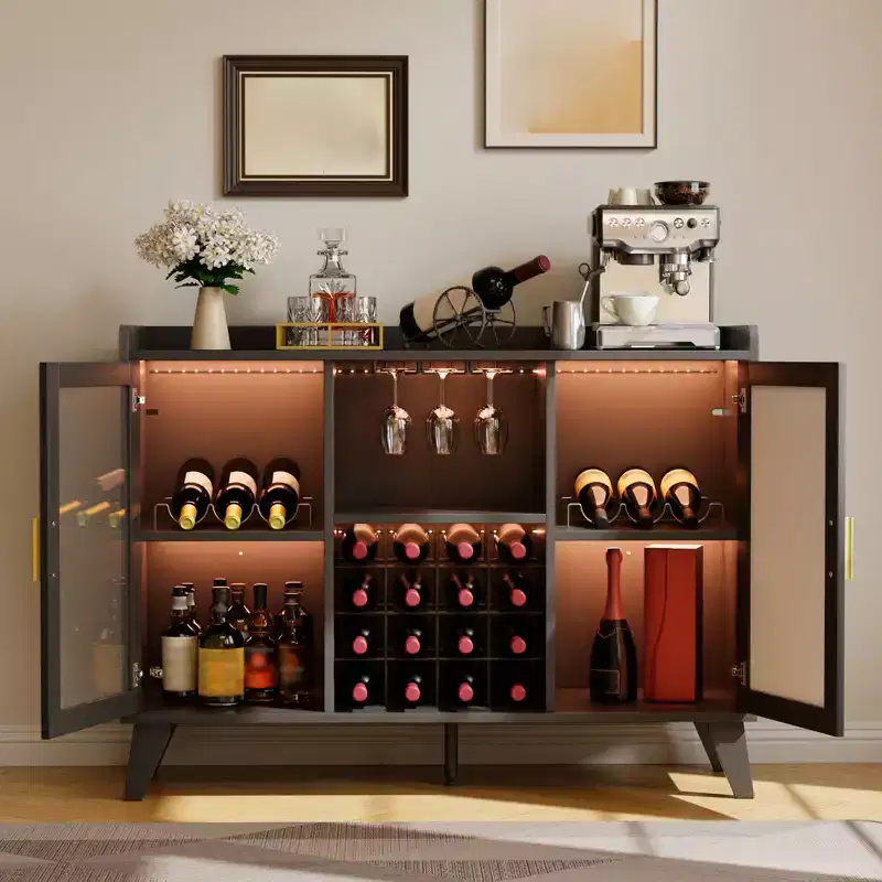 Modern Wine Bar Cabinet, Coffee Bar Cabinet with Wine Rack and Glass Holder, Kitchen Buffet Sideboard with Storage Rack for Living Room Dining Room