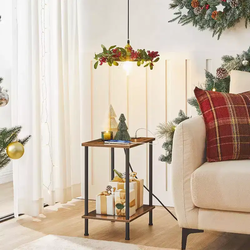Side Table with Charging Station, 2-Layer Open Shelves – 21.7