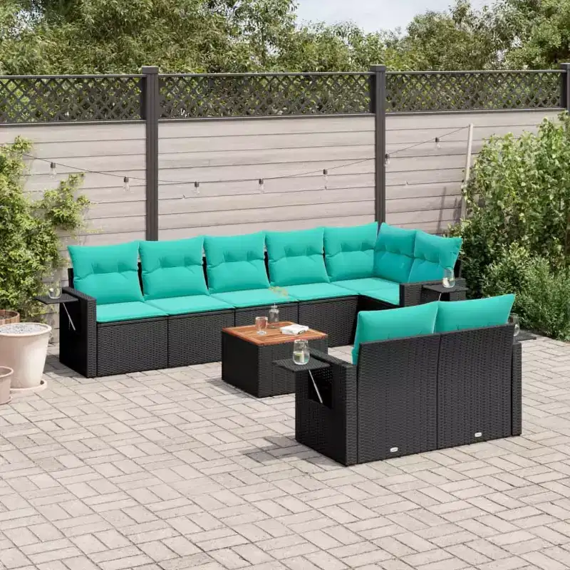vidaXL 9 Piece Garden Sofa Set with Cushions Black Poly Rattan