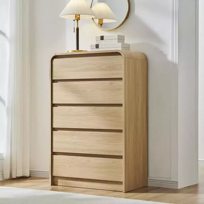 Modern 45 Tall 5-Drawer Dresser with Curved Profile, Mid-Century Wood Chest, Natural Texture for Bedroom/Living Room, Natural Oak