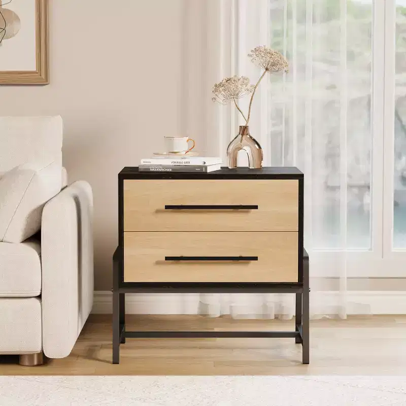 Nightstand,Mid Century Modern Bedside Table with 2 Storage Drawers, Light Wood & Metal Legs Side Table for Bedroom, Living Room, Dark Brown
