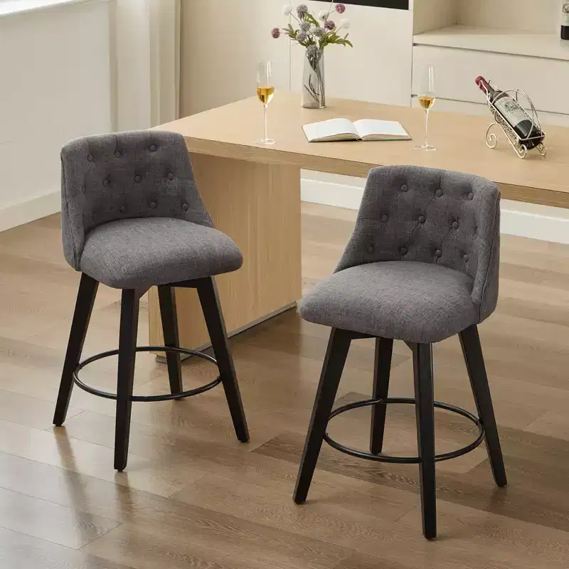 Set of 2 Swivel Bar Stool, Linen Upholstered Counter Stool with Button Tufted Back, Dining Chair Pub Stool, White/Dark Gray-Modernluxe