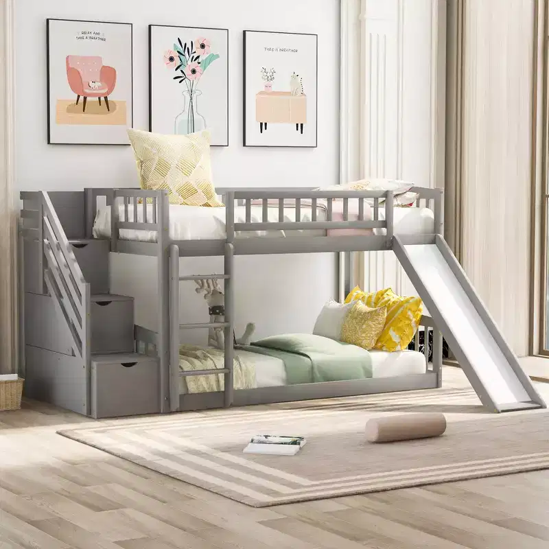 Stairway Twin over Twin Bunk Bed with Two Drawers and Slide