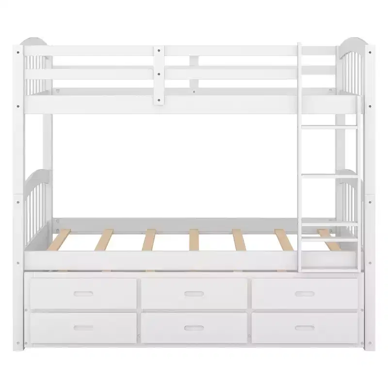 Wood Twin over Twin Bunk Bed with Ladder, Trundle & Drawers
