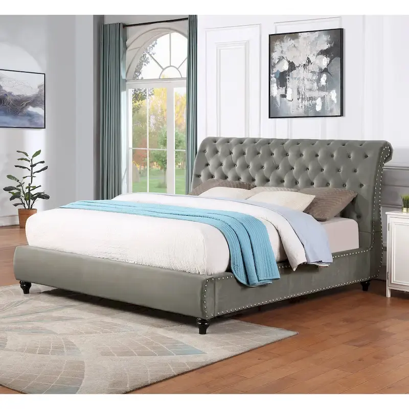 Gray Velvet Button Tufted Nailhead Sleigh Bed – Queen / King