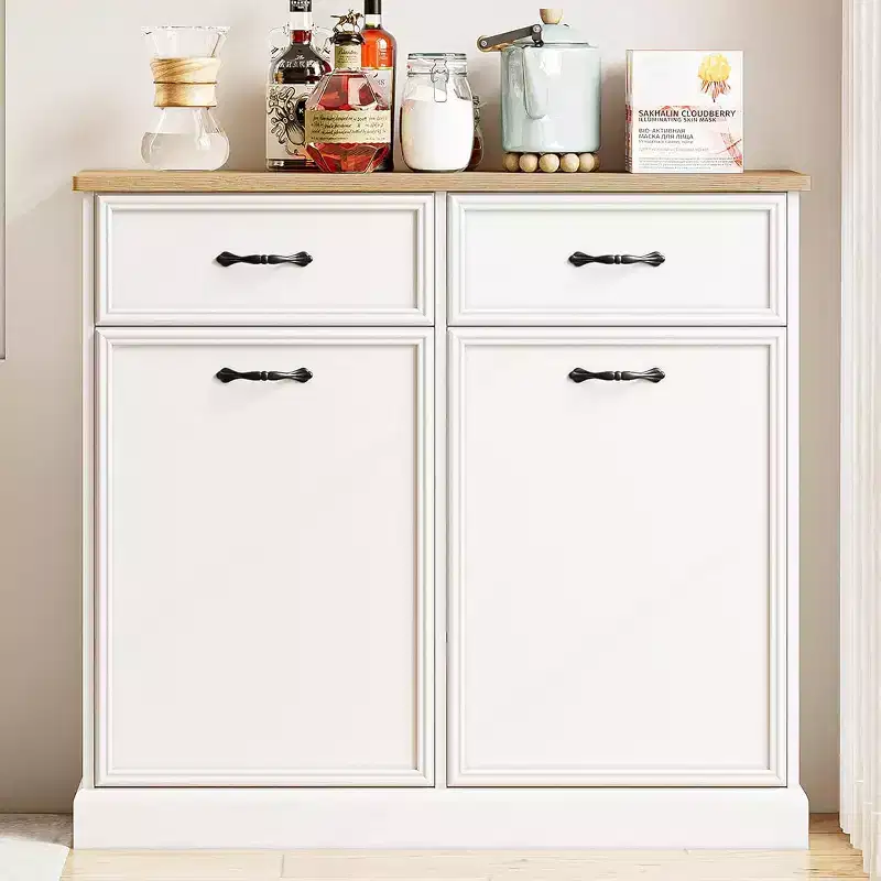 10 Gallon Single Trash Cabinet Tilt Out - White Freestanding Garbage Bin Storage for Kitchen, Dining Room, Living Room