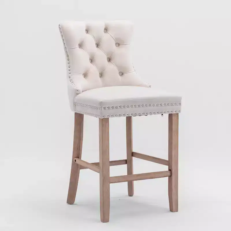 CLIHOME Set of 2 Contemporary Velvet Upholstered Barstools with Button Tufted Decoration and Wooden Legs, Chrome Nailhead Trim