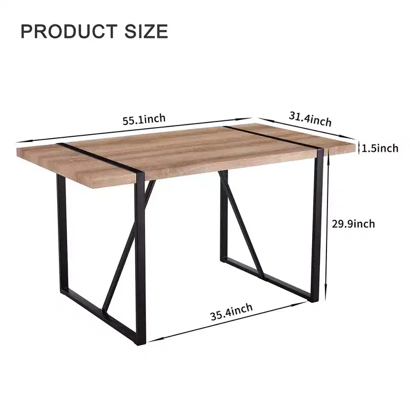 Rustic Industrial Dining Table For 4-6 Person, With 1.5in Thick Engineered Tabletop & Black Metal Legs, Rectangular Wood Desk For Kitchen Living Room