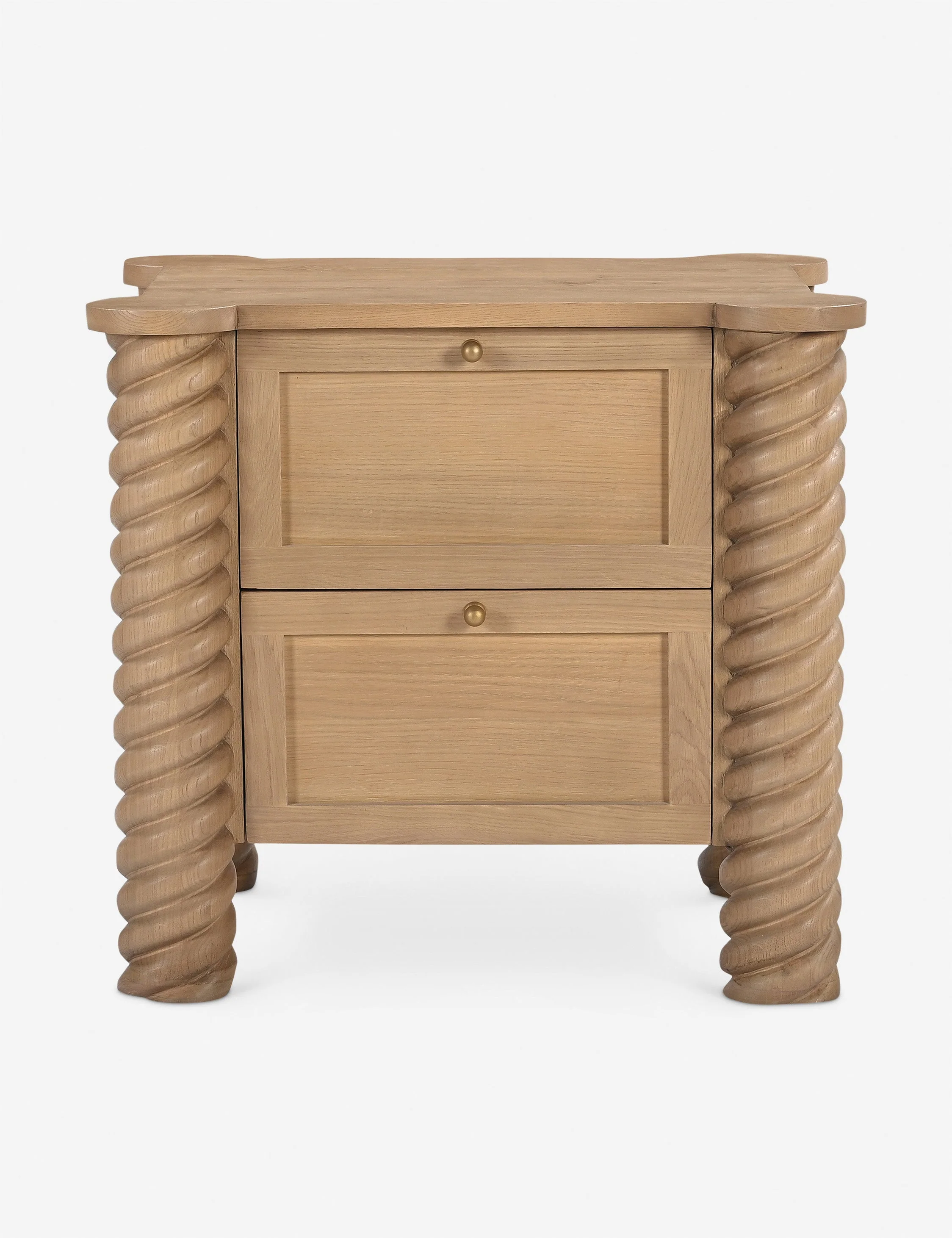 2-Drawer Nightstand - The nightstand embodies a contemporary reinterpretation of classical aesthetics, distinguished by its intricate turned and