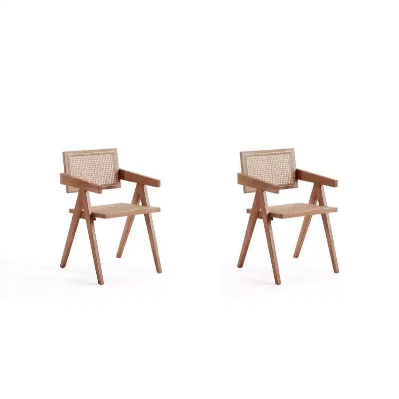 Set of 2 Hamlet Dining Arm Chairs Natural - Manhattan Comfort: Mid-Century Modern, Ash Wood Base, Rattan Backrest