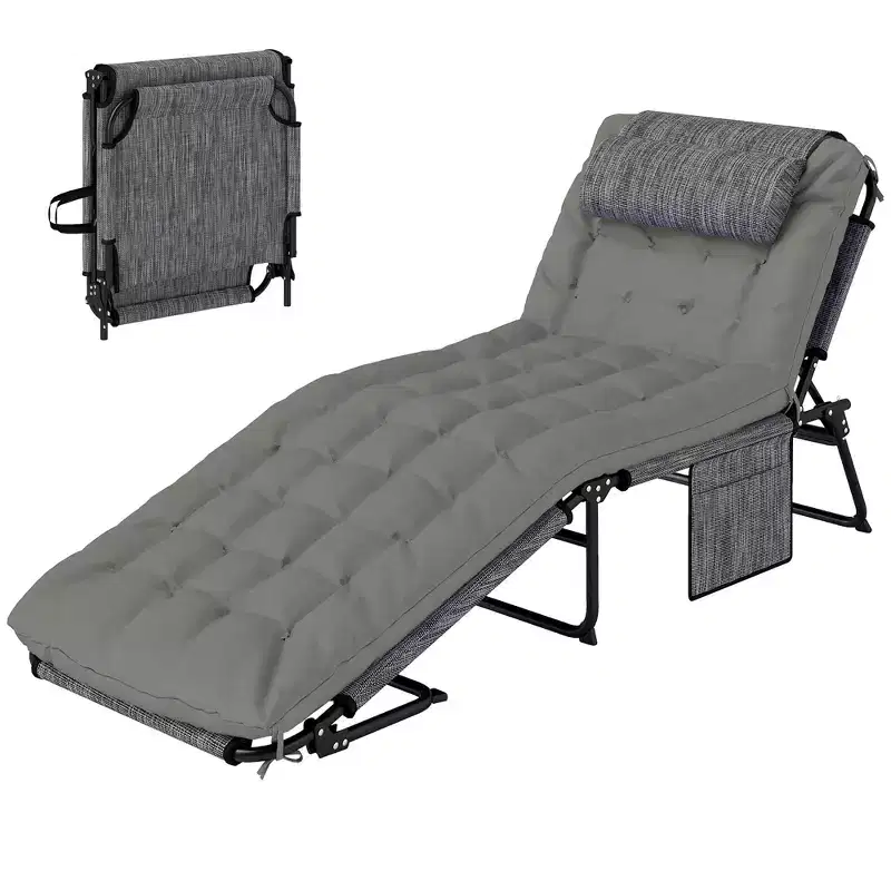 Folding Chaise Lounge Pool Chair with 4-level Reclining Back, Cushion, Side Pocket, Headrest