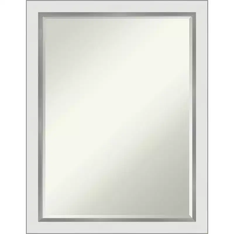 Amanti Art Eva White Silver Narrow Petite Bevel Bathroom Wall Mirror 27 x 21 in.