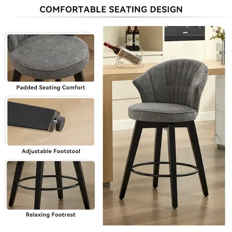 White / Blue / Dark Grey Swivel Bar Stools, Set of 2, Chenille Cushioned Counter Height Chairs with Metal Legs
