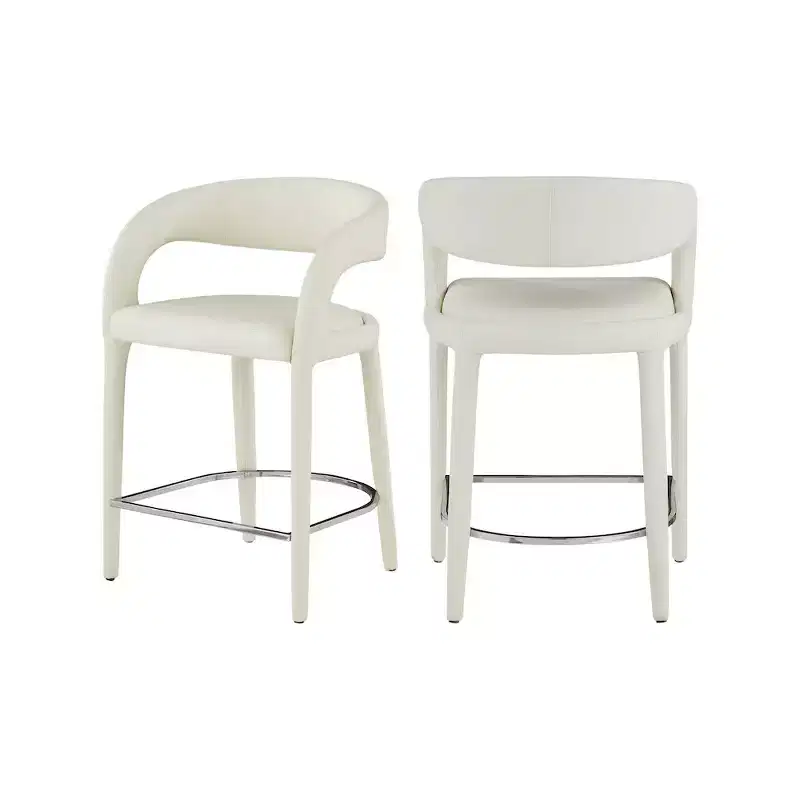 Cream Vegan Leather Counter Stool, Rounded Back, Fully Upholstered, Contemporary Design