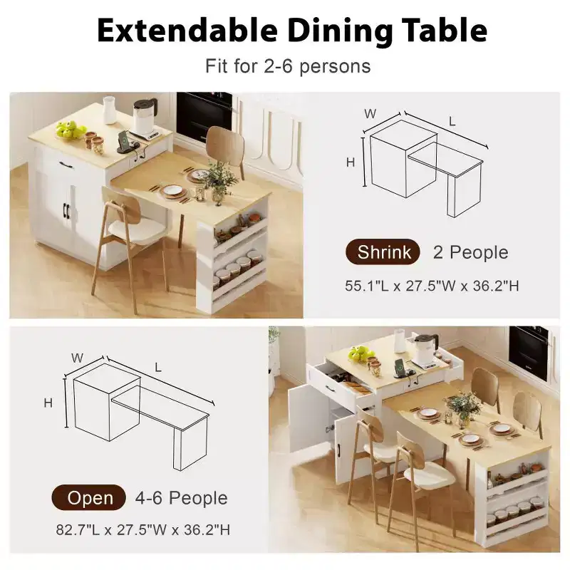 Kitchen with Dining Table, Kitchen Table with Outlet,2 Drawers 2 Side Shelves
