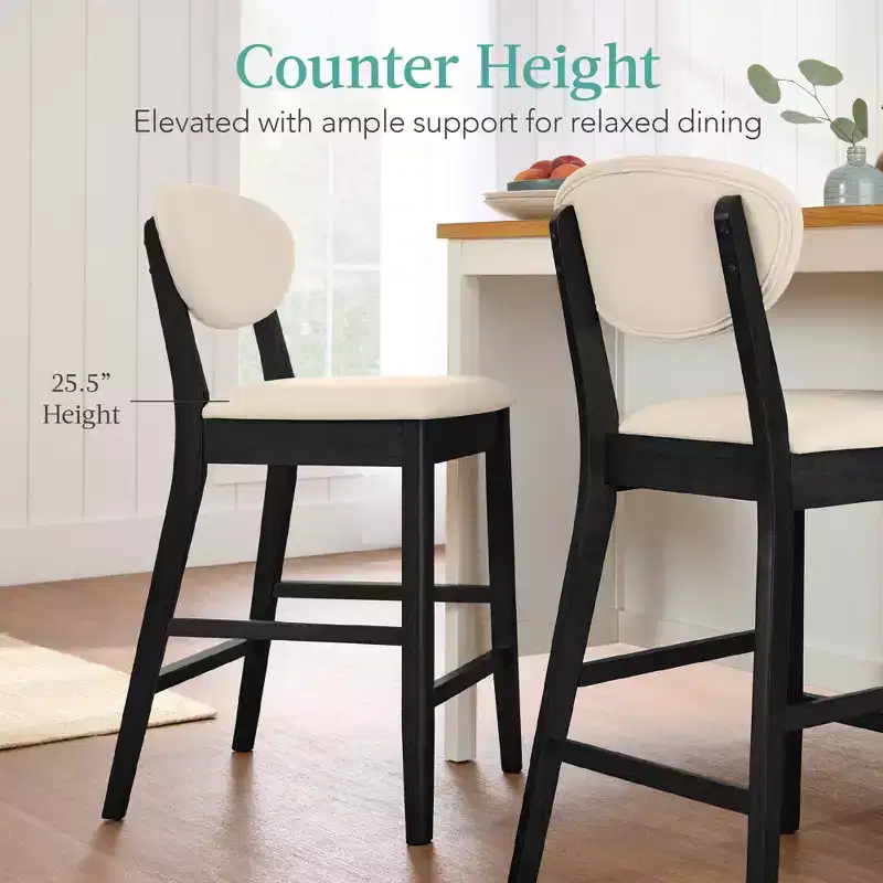 2-Piece Mid-Century Modern Wood and Upholstered Counter Height Bar Stool Set