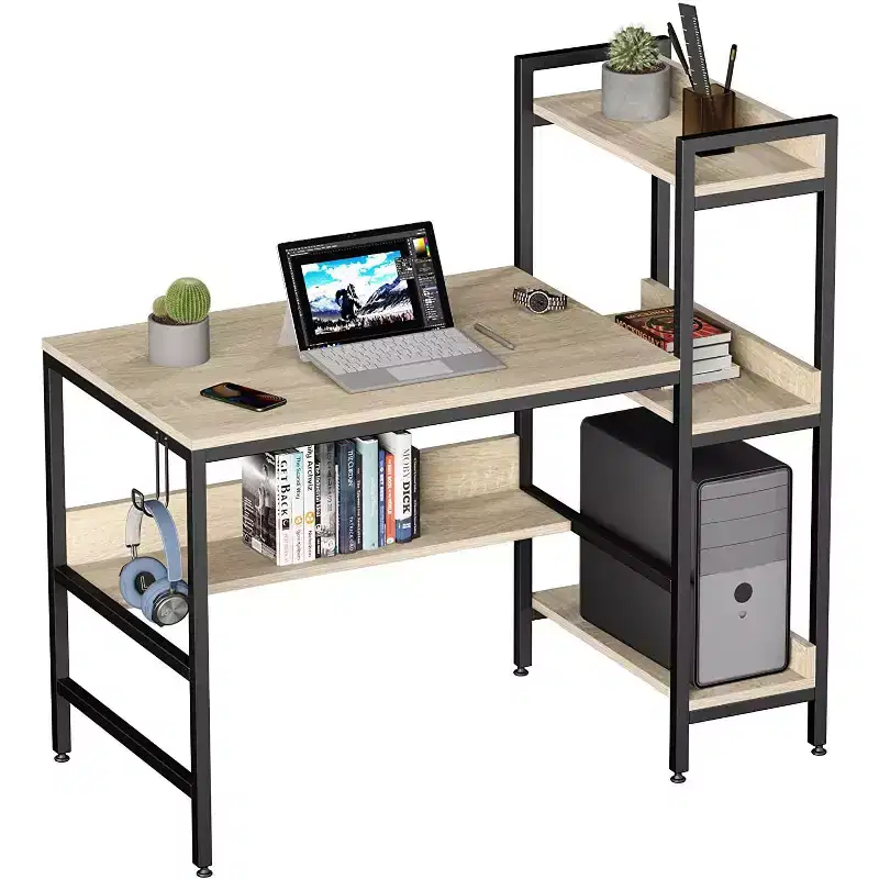 Bestier Computer Office Desk Workstation with Side Storage Shelves & Hook, Oak
