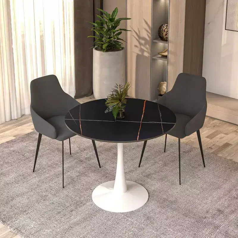 35 Round Dining Table Sintered Stone Top Accent Caf Table & Sturdy Steel White Pedestal Base for Kitchen and Small Spaces