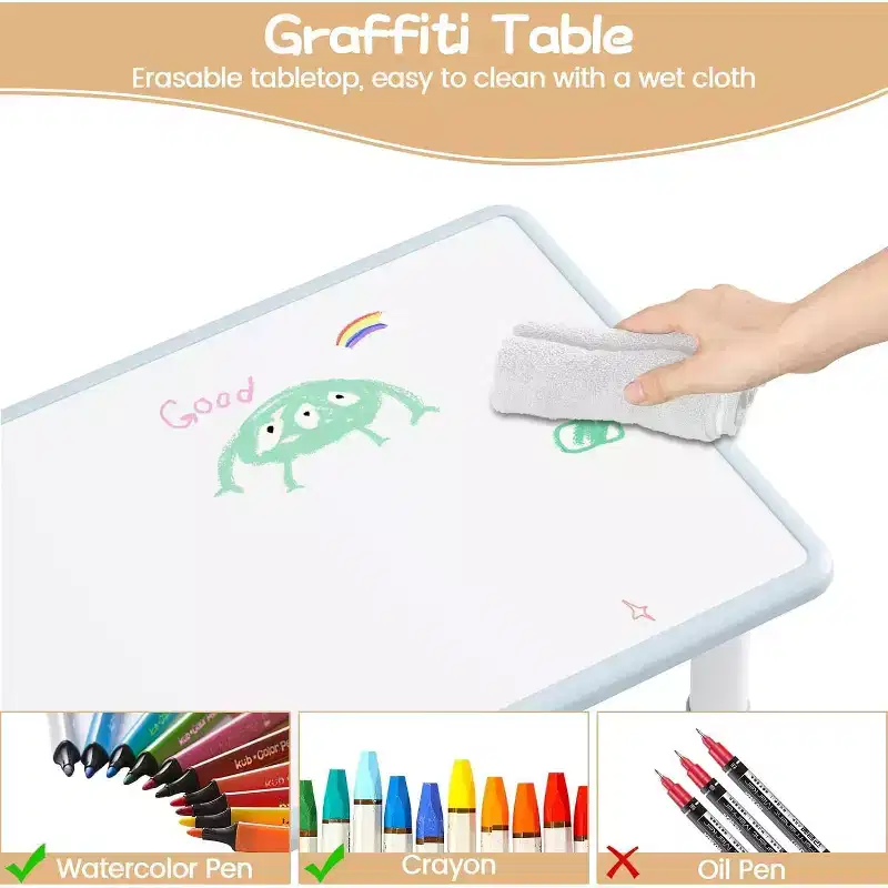 Kids Table and 4 Chairs Set with Particleboard Desktop, Height Adjustable, Anti-Slip Pad, Compact Dining Set, and Durable Desktop