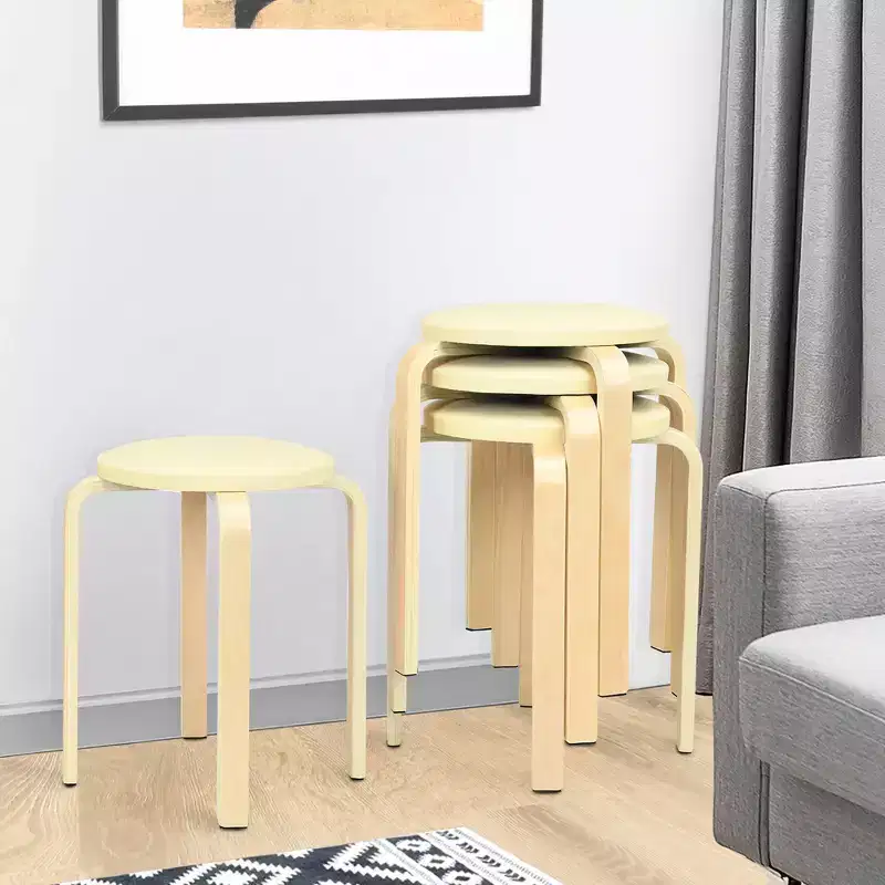 Costway Set of 4 Bentwood Round Stool Stackable Dining Chair w/Padded Seat Beige\Black