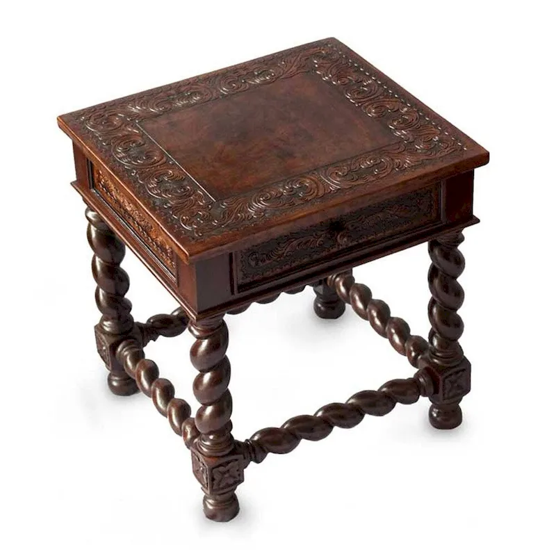 Dark Brown Tooled Leather and Mohena Wood 1-Drawer End Table for 1 Person