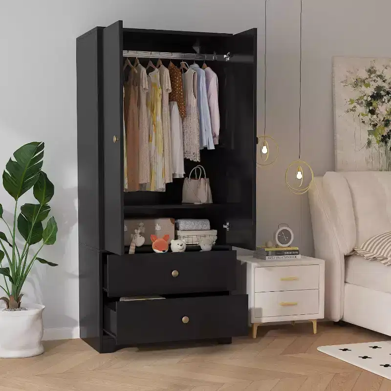 Armoire Wardrobe Closet, 71 Wood Clothing Storage Cabinets, 1 Adjustable Shelf and 2 Drawers, Wardrobe Cabinet with Hanging Rod for Bedroom