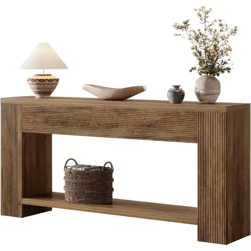 70.9 Inch Farmhouse Console Table, Fluted Narrow Sofa Table, 2-Tier, Rustic Brown