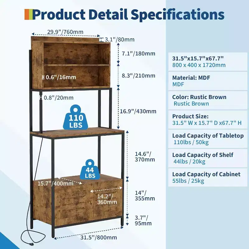 Rustic Industrial Kitchen Cart with Wood Shelves and Storage Cabinet, Multifunctional Appliance Organizer for Small Spaces
