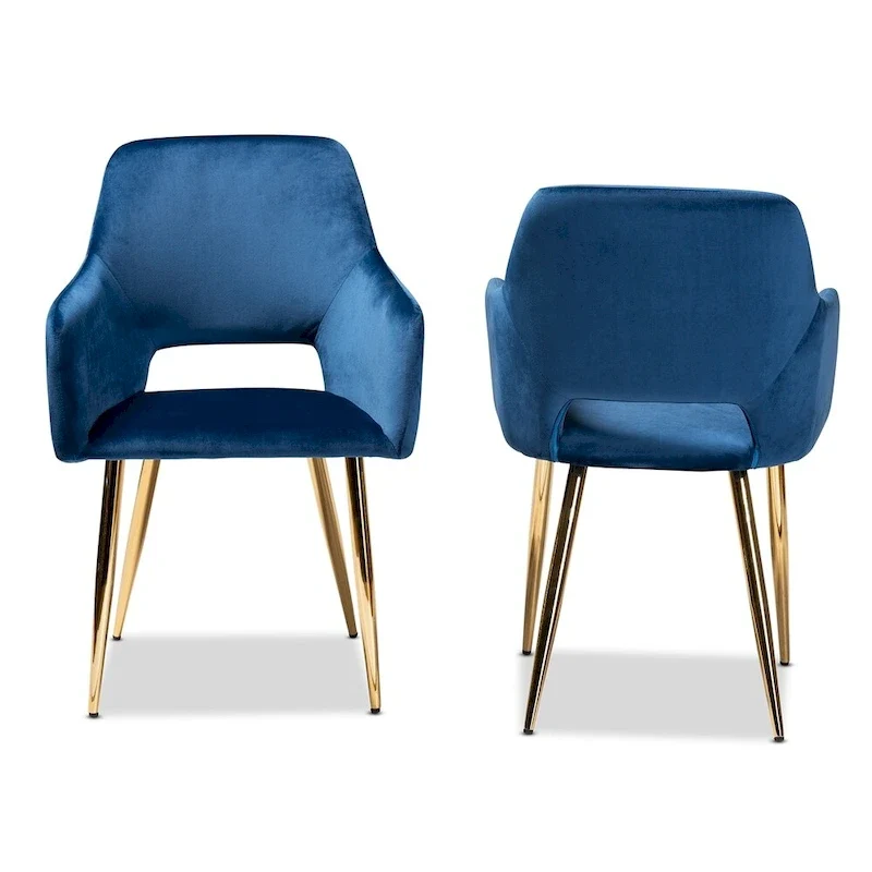 Glam Upholstered Dining Chair Set of 2 - Navy Blue Velvet with Gold Legs