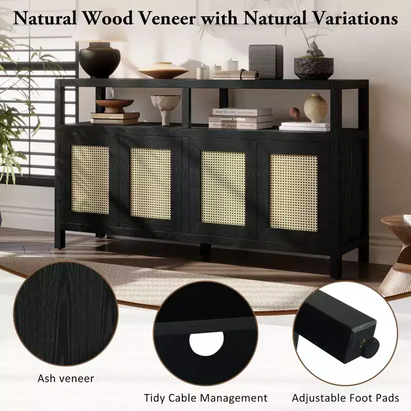 Bohemian Rattan Buffet Cabinet with Wood Frame and Push to Open Design Black