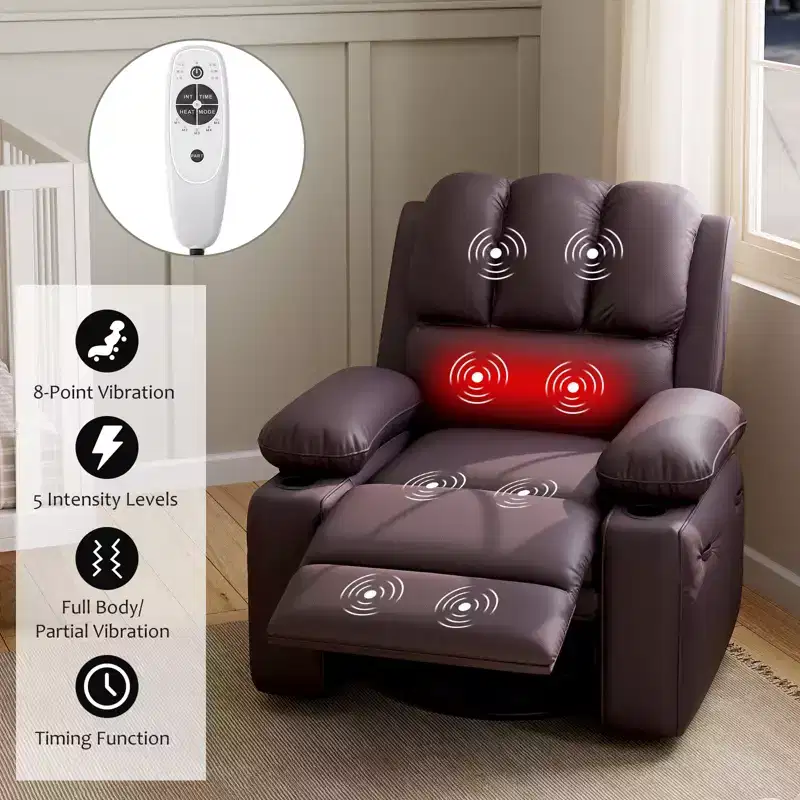 360 Swivel Recliner Chair with Massage PU Leather Manual Reclining Sofa, Cup Holders & Side Pocket, for Living Room