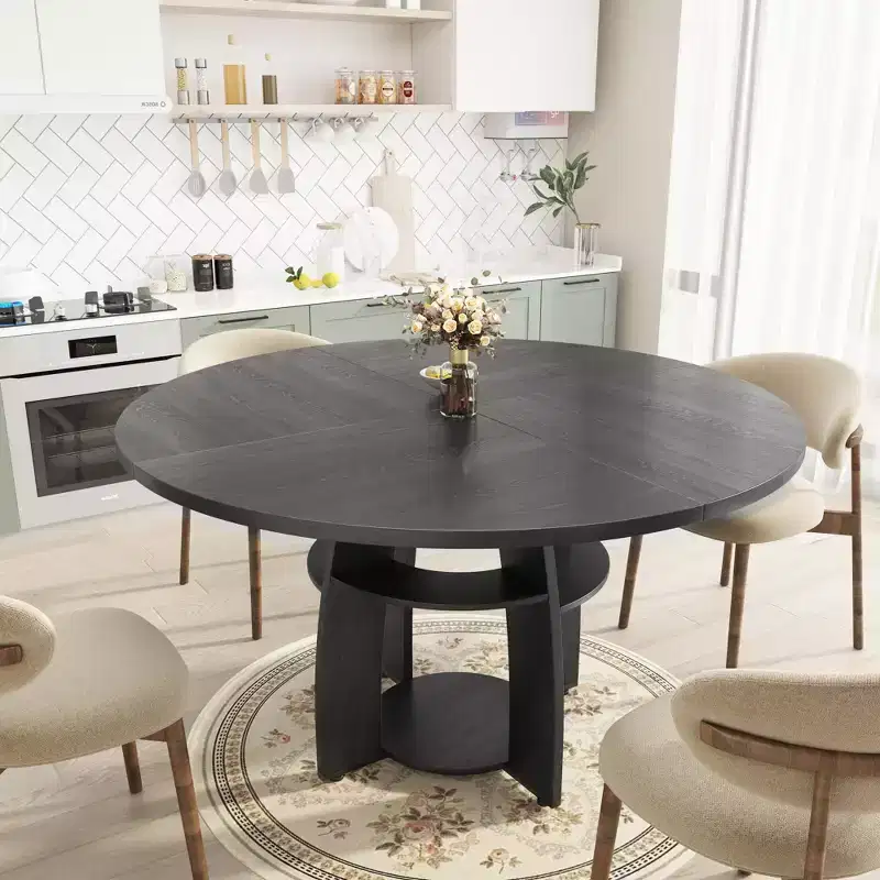 Space-Saving 47 Round Dining Table for 4-6, Storage Shelf, Adjustable Feet, Easy to Clean Surface