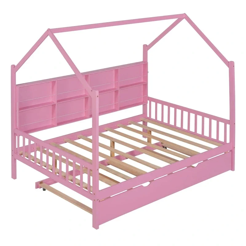 Full Solid Wood House Day Bed with Trundle