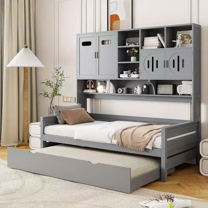 Twin/Full Daybed with Storage Bookcase and Trundle, Wooden Day Bed with Storage Cabinets & Shelves