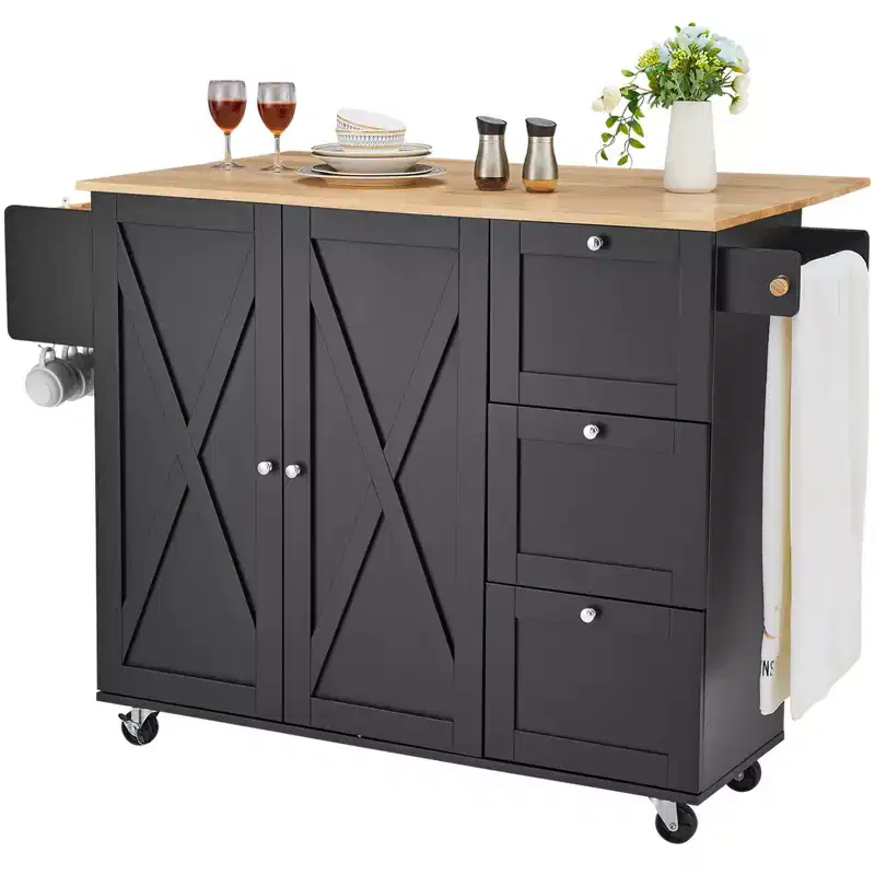 VEVOR Kitchen Island Cart, 56 Wood Top Mobile Carts with Storage Cabinet, Rolling Table with Drop Leaf, Spice Rack, Towel Bar, Adjustable Shelf