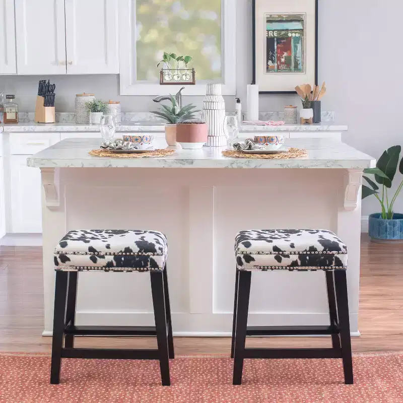 Backless Counter Height Barstool, Upholstered with Nailhead Trim and Footrails