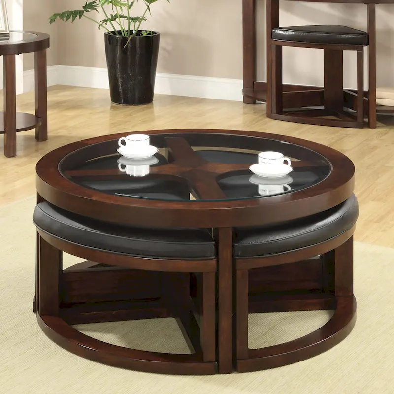 Kame Transitional Walnut 40-inch Glass Top 5-Piece Coffee Table with Ottomans by Furniture of America