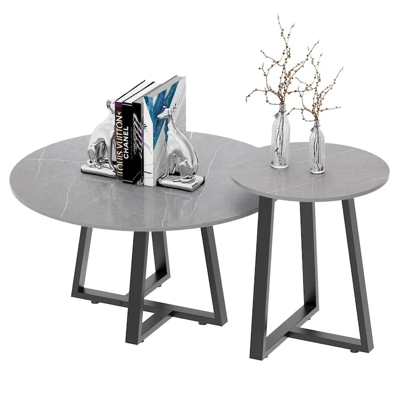 Set of 2 Round Nesting Tables Sintered Stone Marble Coffee Table - 31.5x15.7 inch