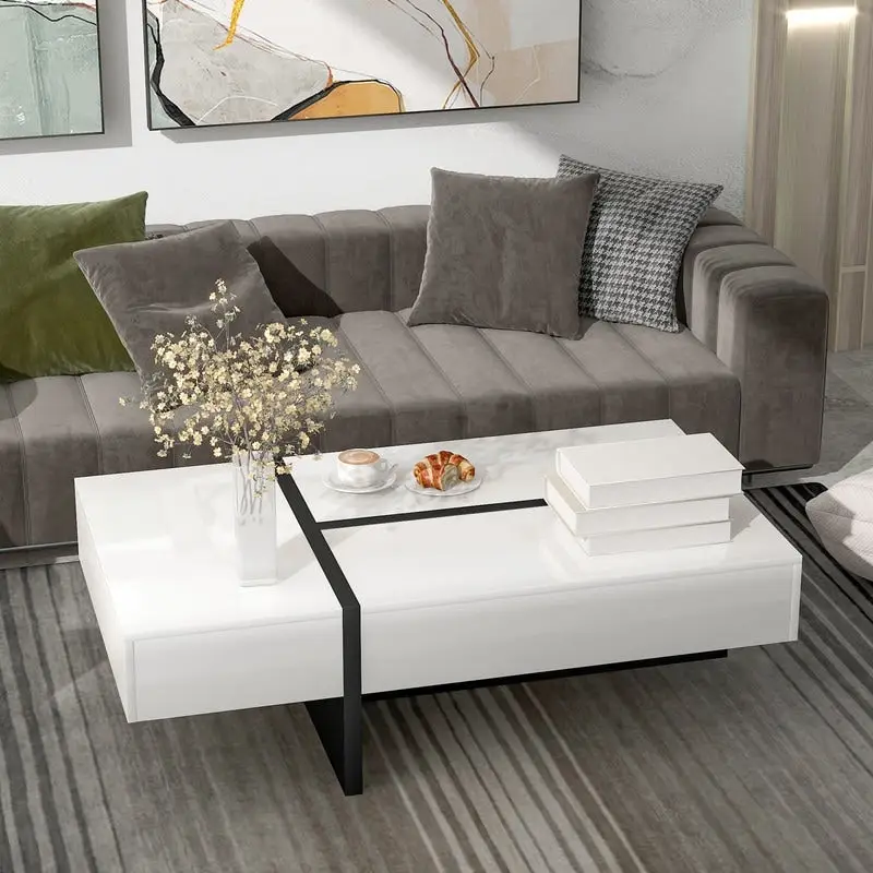 45.2in Modern High Gloss Coffee Table, Rectangular Surface, Contemporary Living Room Accent Table