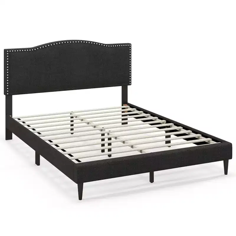 Costway Queen Size Upholstered Bed Frame with Nailhead Trim Headboard Wooden Slats Support