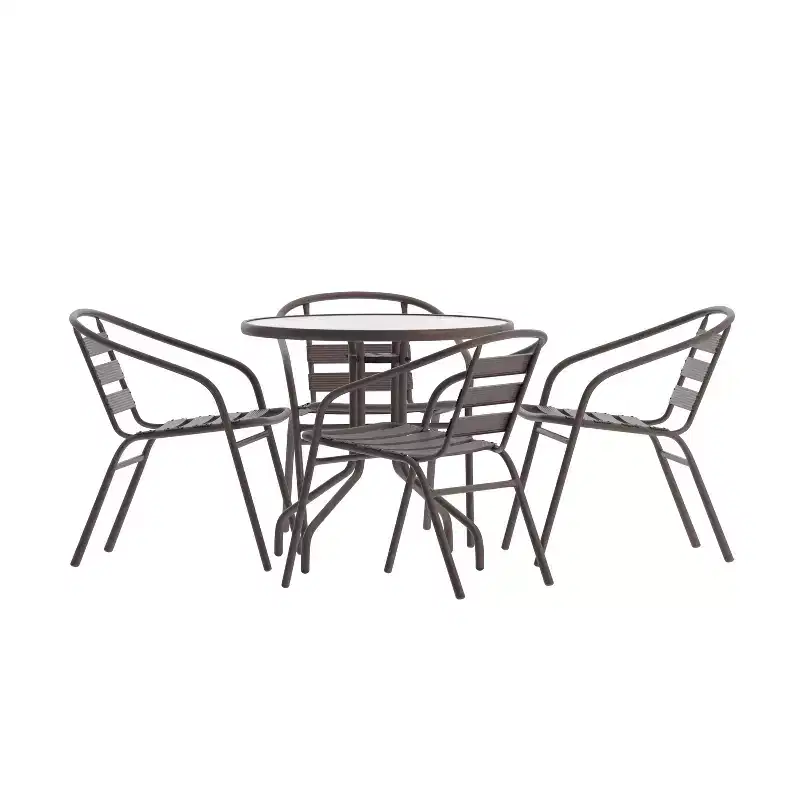 Flash Furniture Lila 31.5'' Round Glass Metal Table with 4 Metal Aluminum Slat Stack Chairs