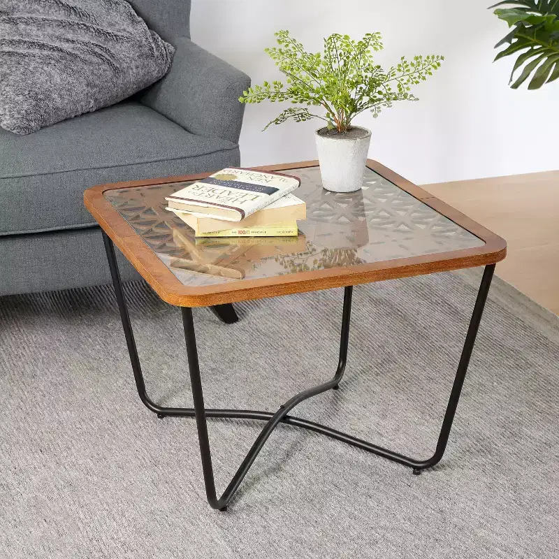 23-inch Modern Square Coffee Table with Tempered Glass Tabletop and Geometric Cutout Pattern, Black-Brown