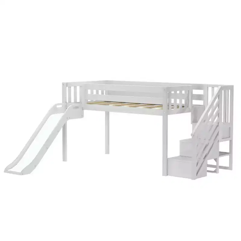 Kids Twin Low Loft Bed with Slide & Stairs, Solid Wood, 14